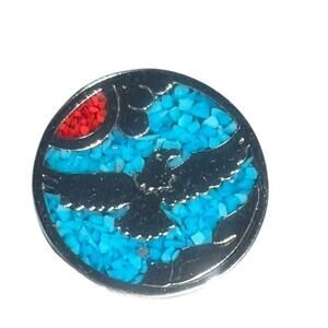 Inlaid Turquoise and Coral With Eagle Motif Pin 3/4"
